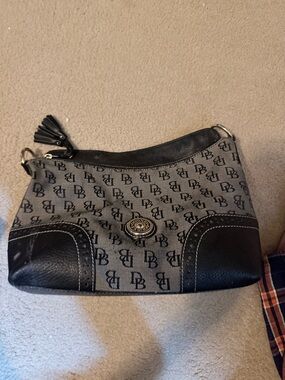 Dooney & Bourke Black and Gray Logo Shoulder Bag with Tassel